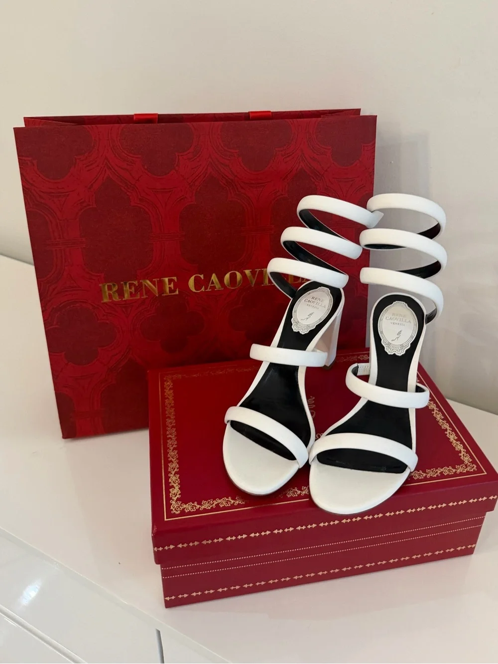 Rene Caovilla White Spiral Strap High-Heel Sandals - Picture 1 of 4